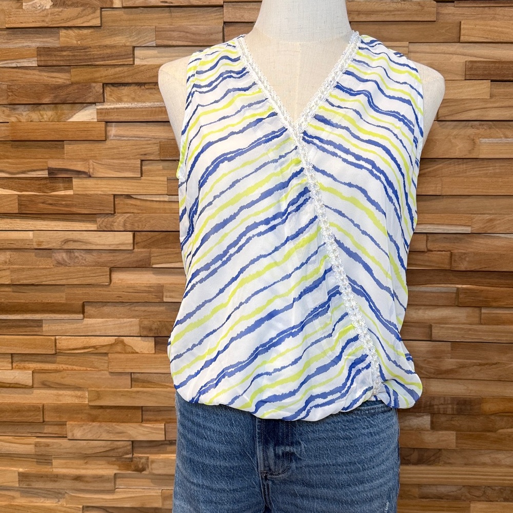 Verty | Blue & Yellow Striped Wrap Blouse | Sheer | Various Sizes